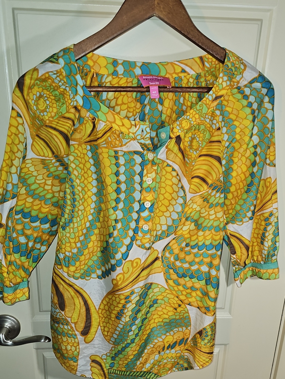 Banana Republic Yellow & Teal Patterned Henley Blouse
